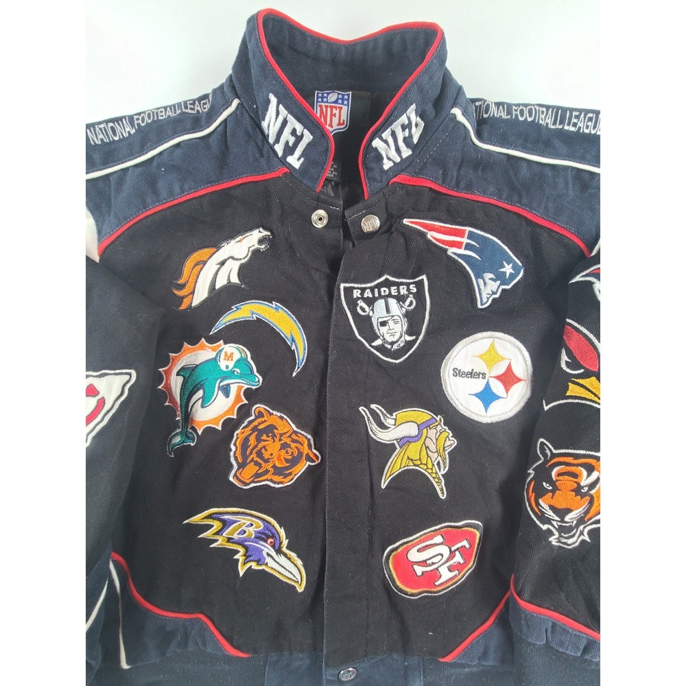 NFL‎ All Team Multi Logo Varsity Jacket Youth XL Black Cotton Twill Bomber Patch